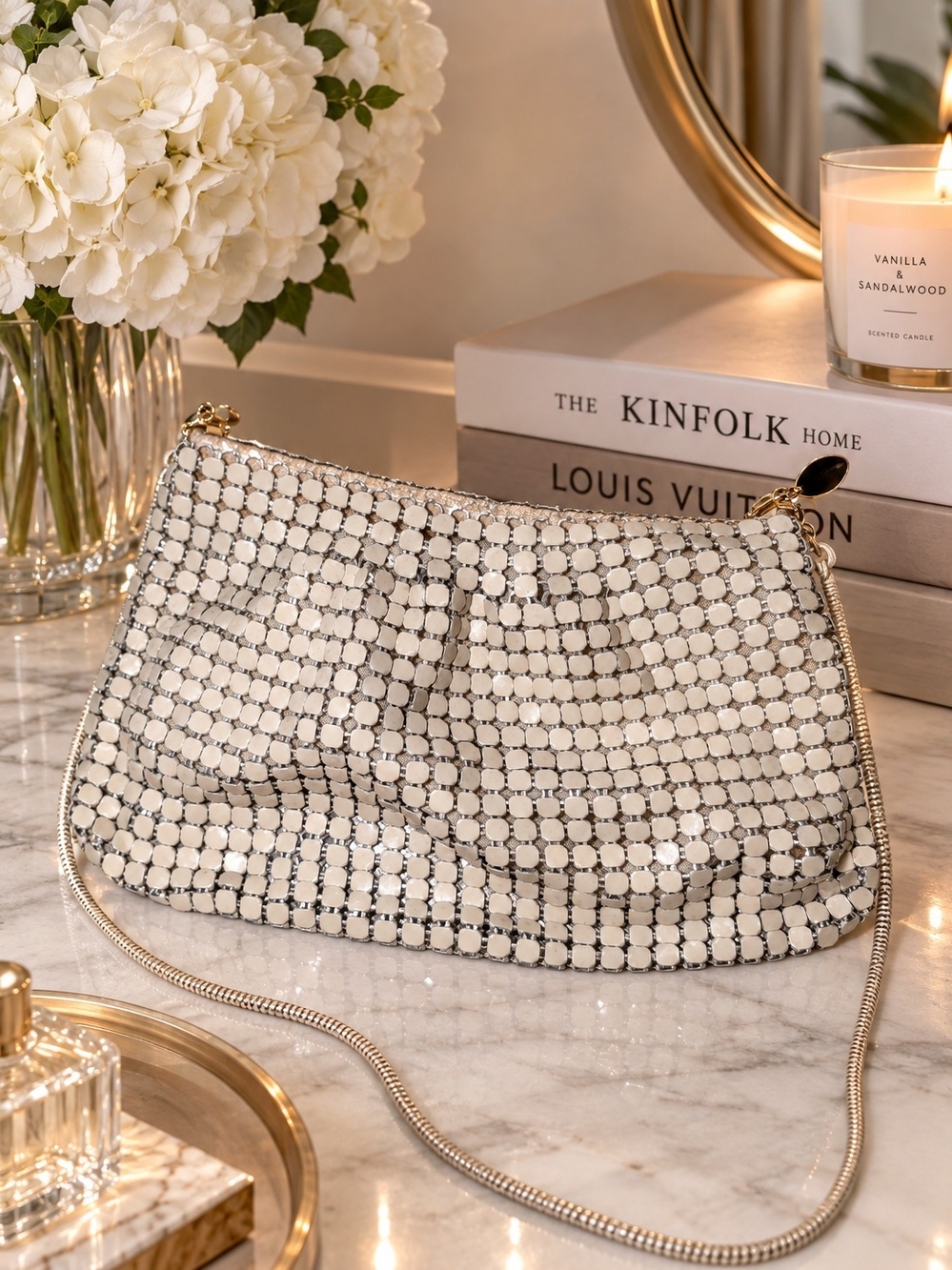 Vintage Ivory Chainmail Mesh Purse Evening Bag Shoulder Chain Strap